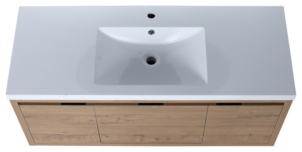 Bathroom Vanity With White Resin Top and Basin, Imitative Oak, 48x18