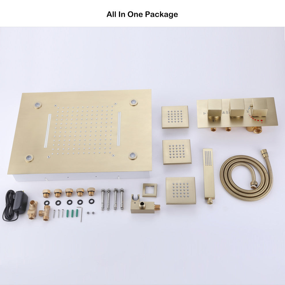 Thermostatic Shower System With Multi Function LED Shower Head, Brushed Gold