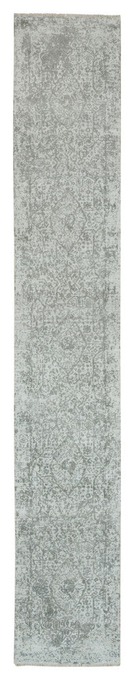 Goose Gray Zoroastrian Hand Knotted Wool and Silk XL Runner Rug, 2'6"x15'10"