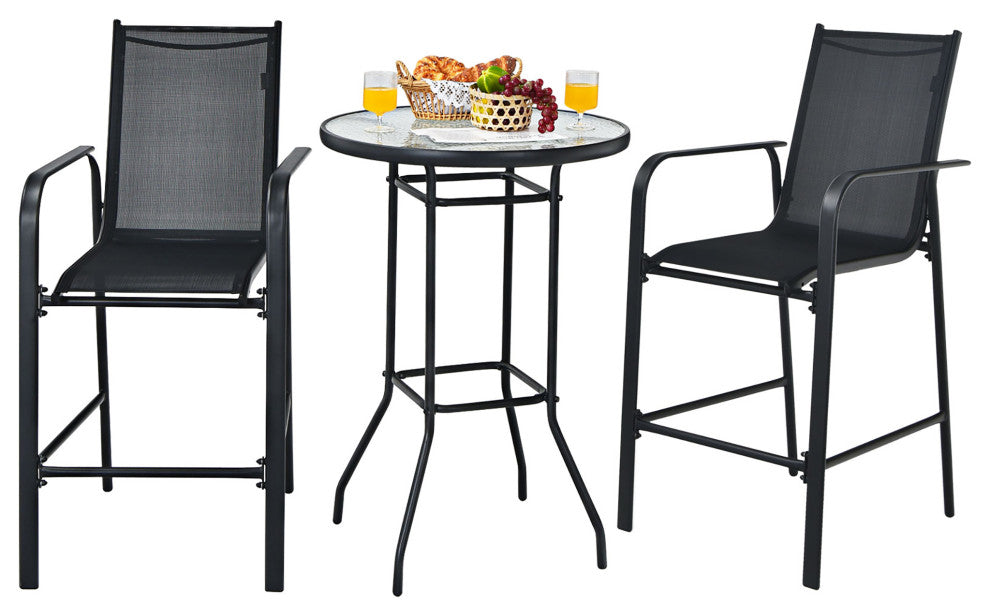 Costway 3 PCS Outdoor Patio Bar Table Stool Set Height Tempered Glass Top