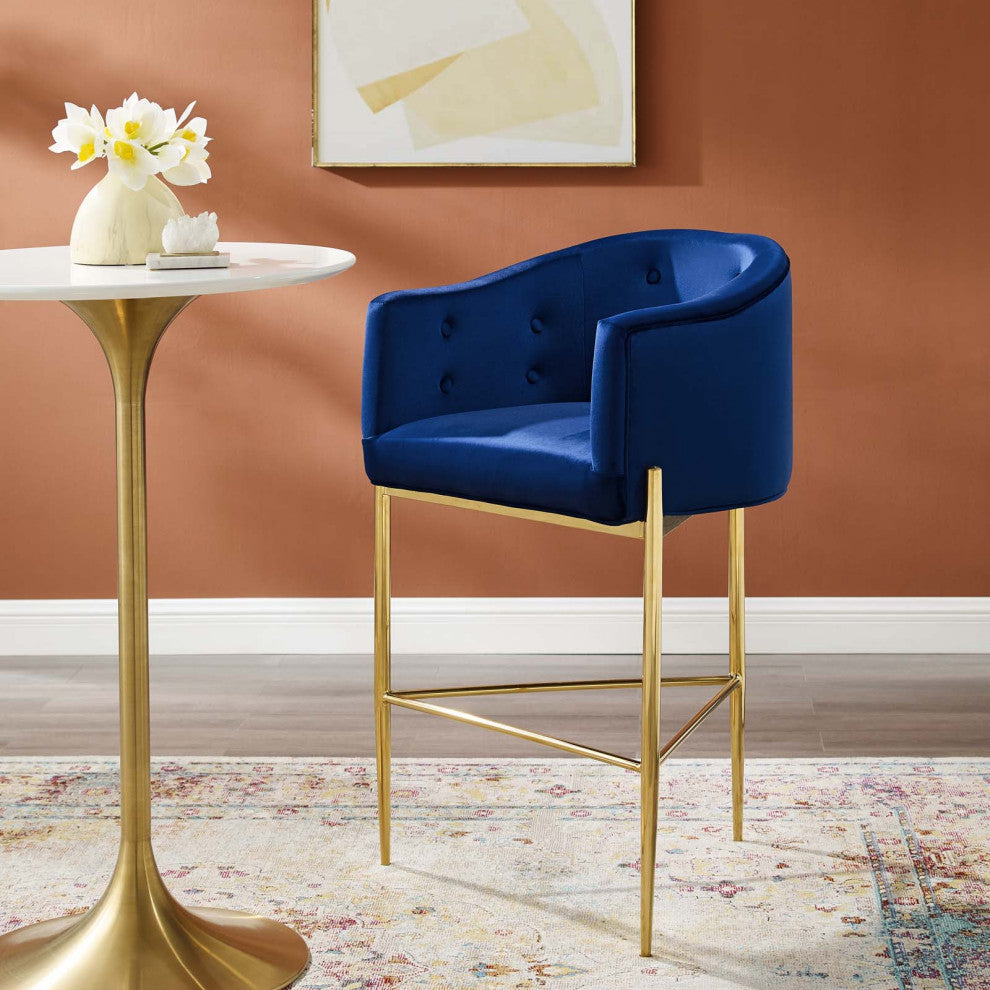 Tufted Bar Stool Chair Barstool, Velvet, Metal, Blue Navy, Modern, Bar Pub