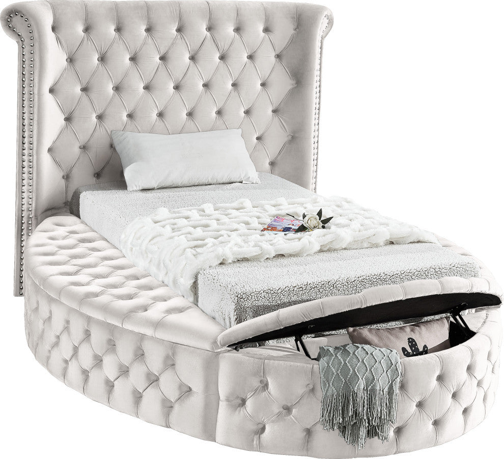 Luxus Button Tufted Velvet Round Bed, Cream, Twin