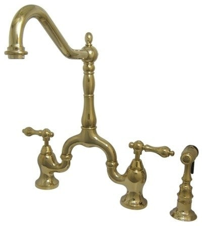 Kingston Brass Bridge Kitchen Faucet With Brass Sprayer, Polished Brass