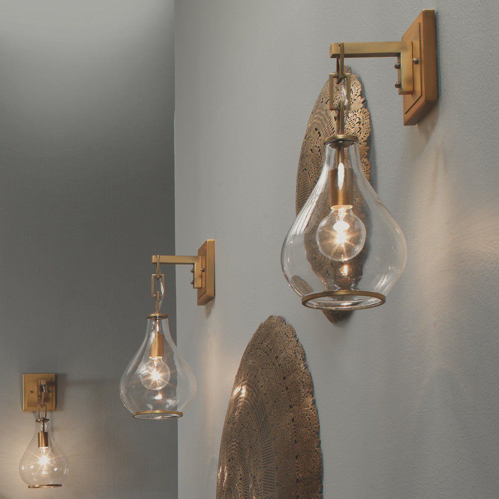 Tear Drop Hanging Wall Sconce, Clear Glass and Antique Brass