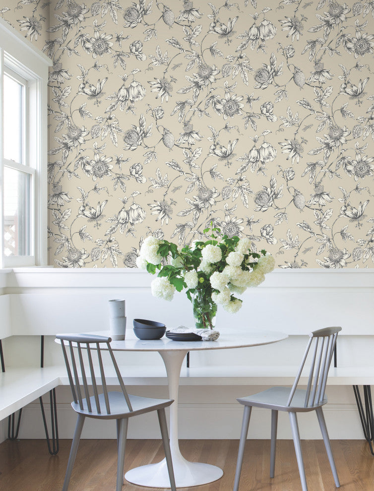 Passion Flower Toile Beige Wallpaper