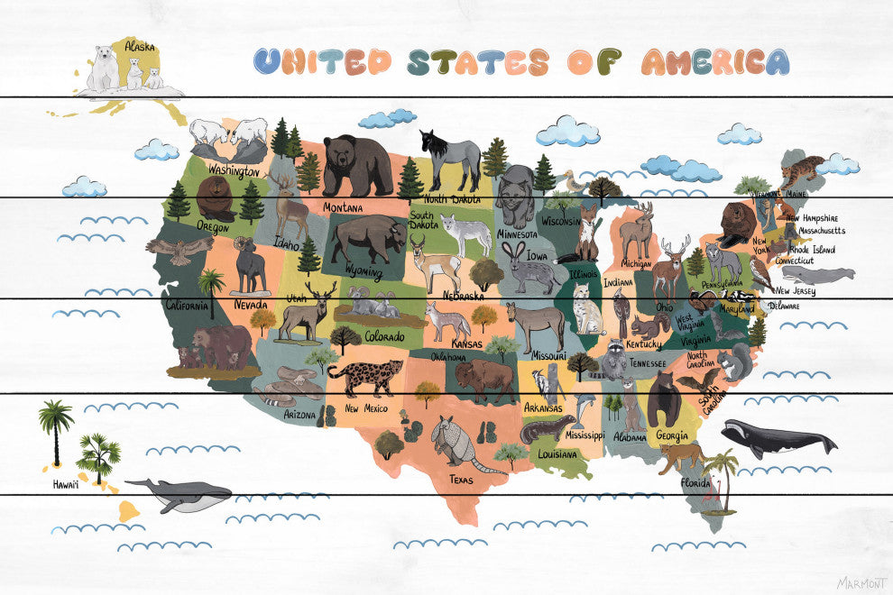 "Colorful US Animals Map" Painting Print on White Wood, 12x8