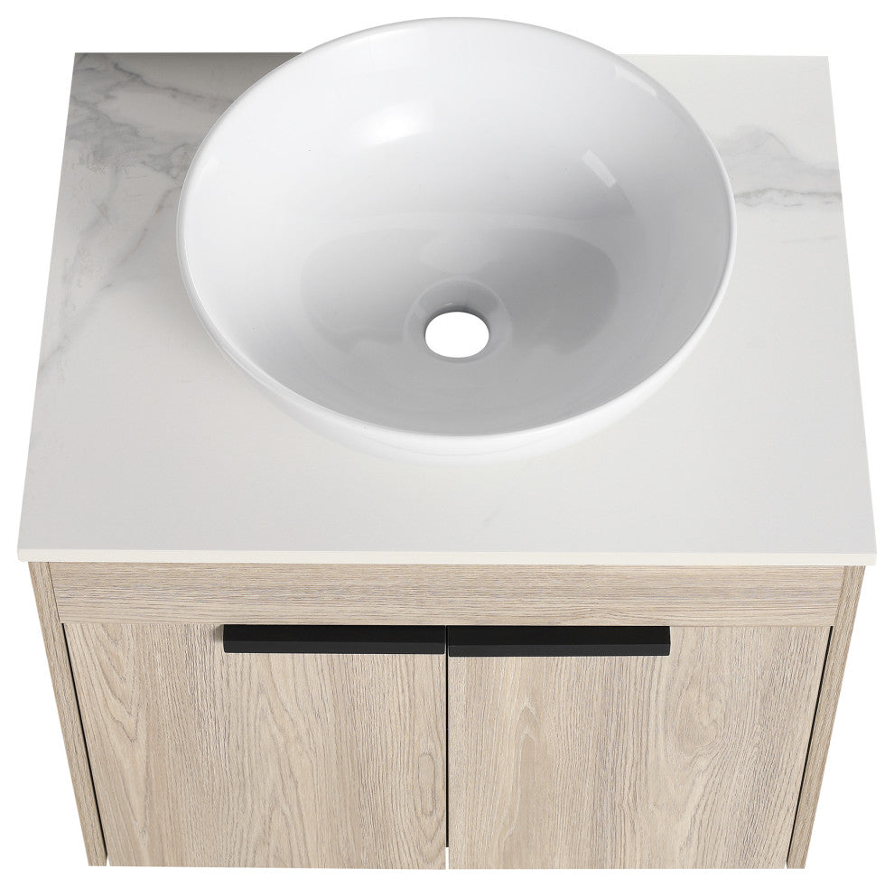 Wall-Mounted Bath Vanity, White Oak, White Ceramic Vessel Sink