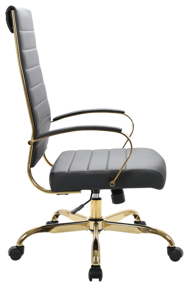 LeisureMod Benmar High-Back Leather Office Chair With Gold Frame Black