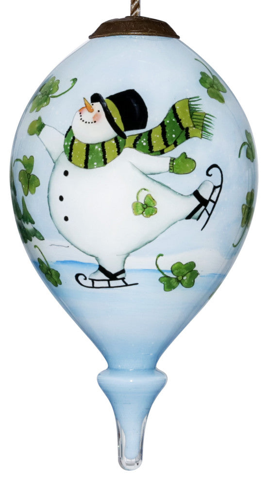 Ice Skating Shamrock Snowman Hand Painted Mouth Blown Glass Ornament
