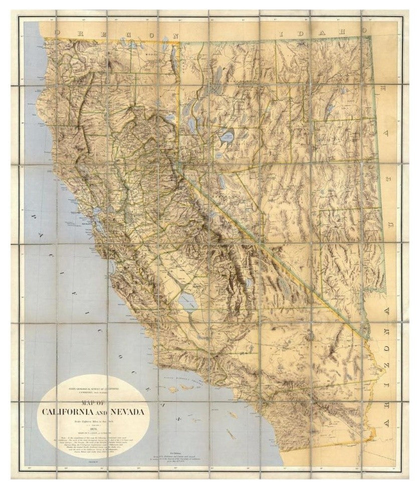 "Map of California and Nevada, 1874" Paper Art, 27"x32"