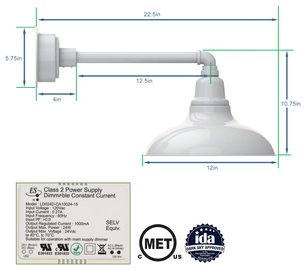 12in.  White Gooseneck Barn Light with Metropolitan Arm