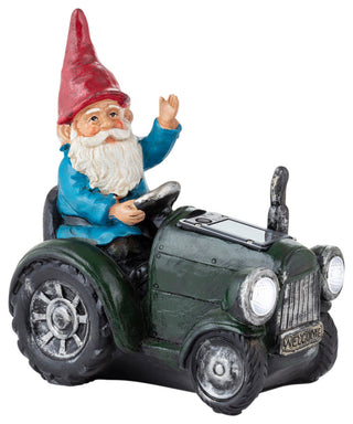 Solar Green Tractor Riding Gnome with Cool White LED Lights