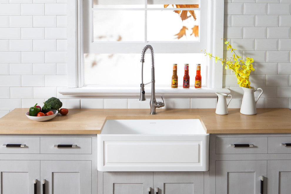 Solid Surface White Stone Front Farmhouse Single Bowl Kitchen Sink, Matte White