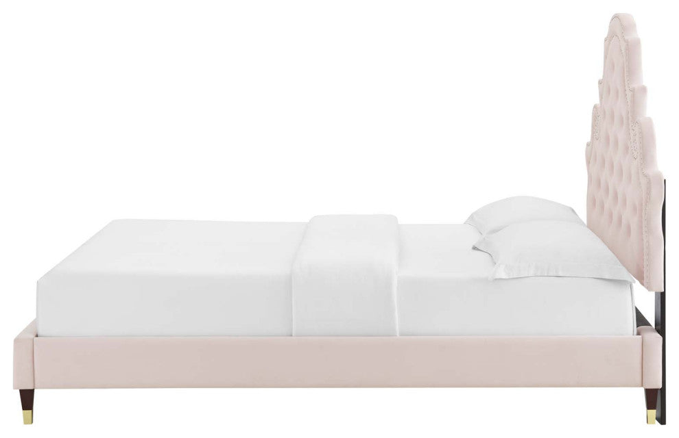 Tufted Platform Bed Frame, Full Size, Velvet, Pink, Modern Contemporary, Bedroom