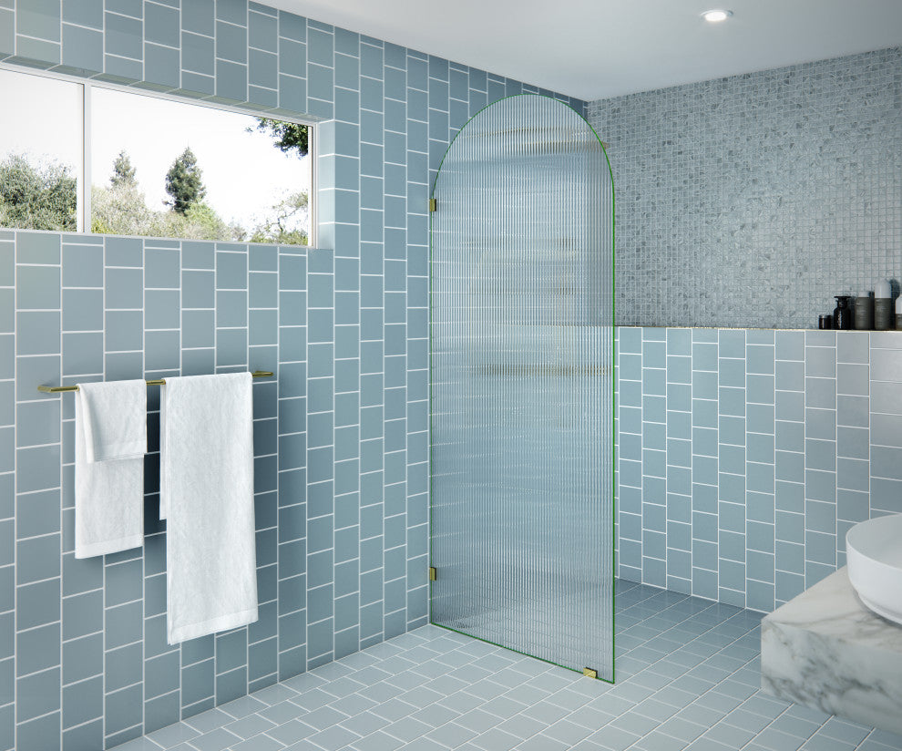 34"x86.75" Frameless Shower Door, Arched Fluted Single Fixed Panel, Polished Brass