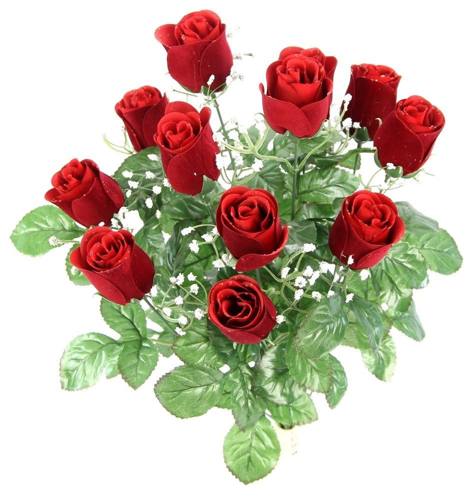 12 Stems Artificial Velvet Rose Buds Bush Decoration Arrangement, Red