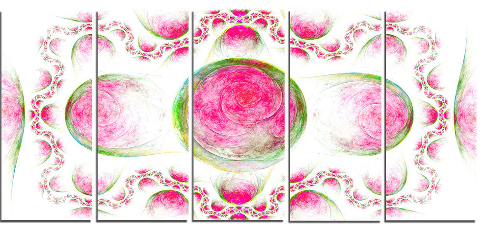Pink Exotic Pattern on White, Abstract Art on Canvas, 60"x28", 5 Panels
