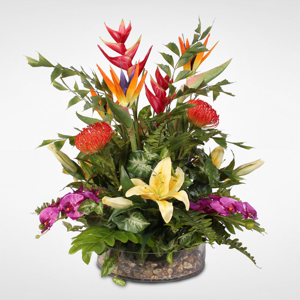 Exotic Tropical Silk Floral With Pebbles in Glass Bowl