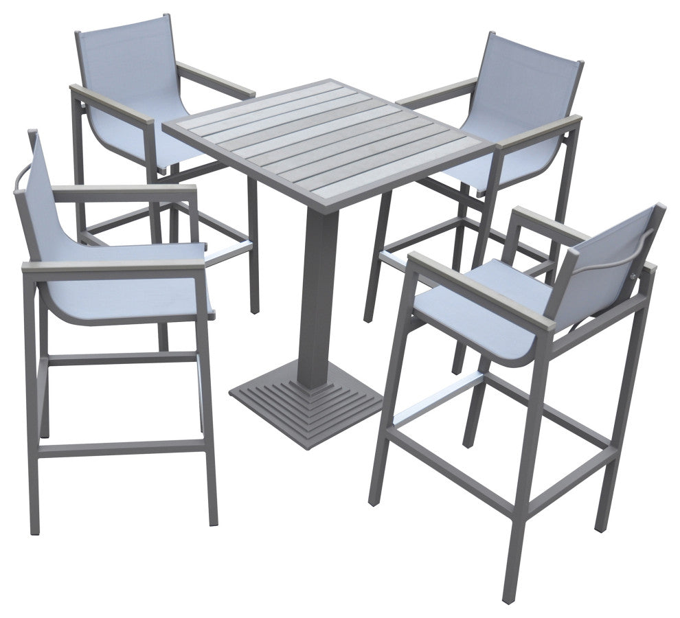 Marina Outdoor Patio Set Gray Finish and Gray Wood Top, Table With 4 Barstools