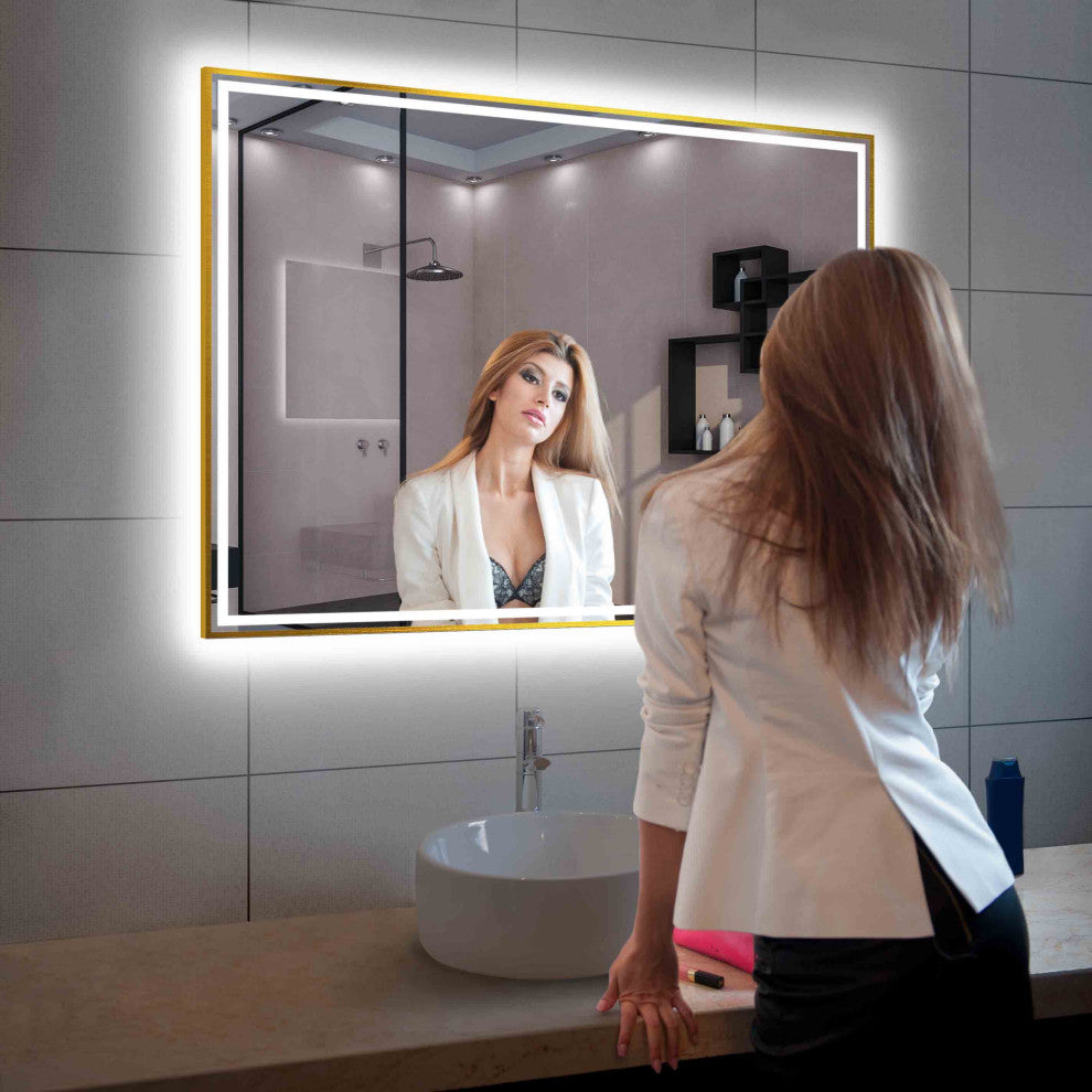 Fogless, Dimmable, Color Temperature Adjustable LED Mirror, Brush Gold, 48x36