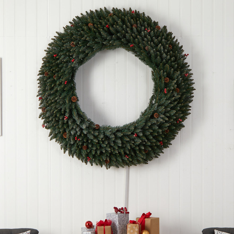 5' Large Flocked Faux Xmas Wreath W/Pinecones, Berry, Lights & Bendable Branches