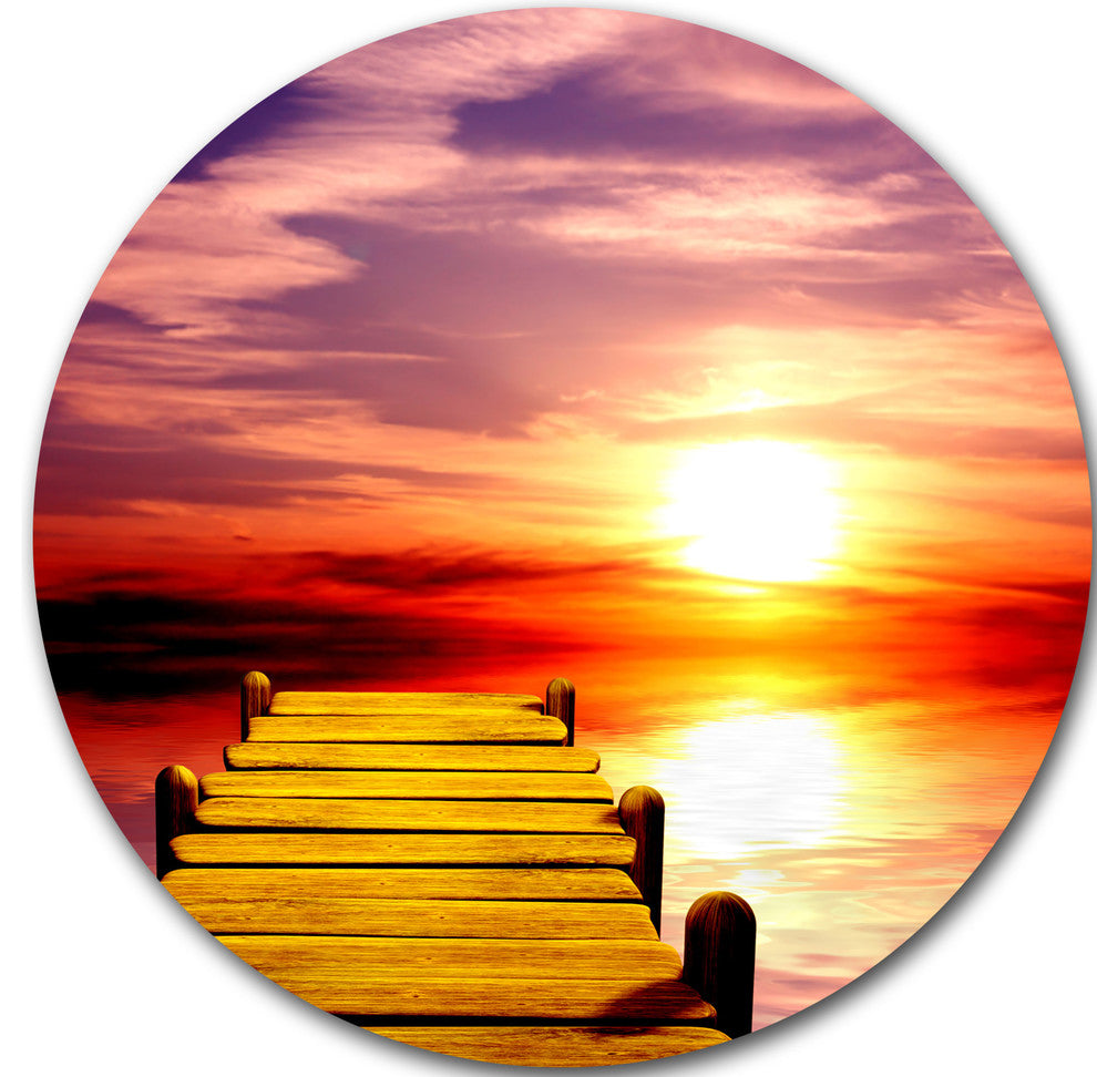 Burning Sunset In Blue Sky, Seascape Photo Round Metal Wall Art, 11"