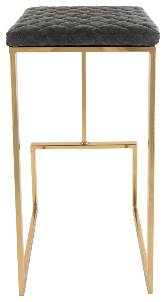 Quincy Leather Barstool Square Seats and Gold Metal Frame, Gray