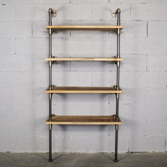 Sacramento Industrial 33" 4-Tier Bookcase, Brushed Brass Gray Steel/Natural Wood