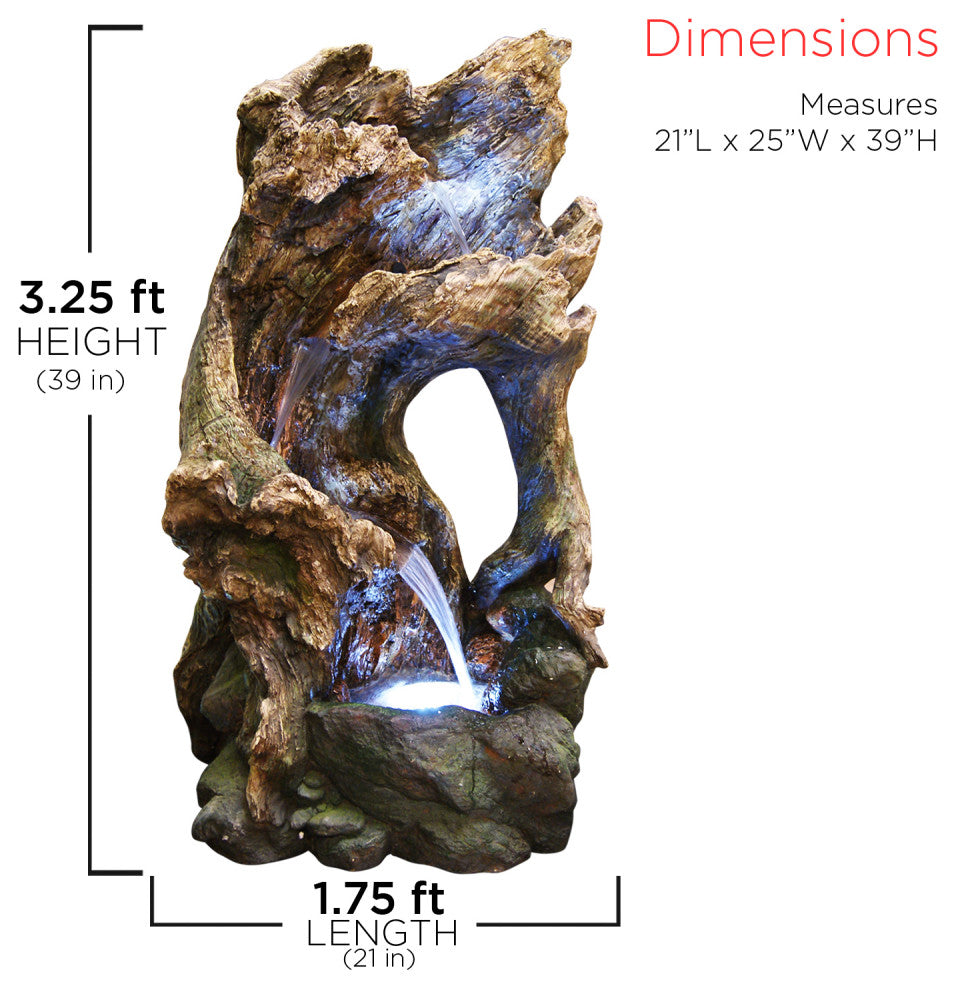 39" Tall Outdoor Tree Trunk Arch Waterfall Fountain With LED Lights
