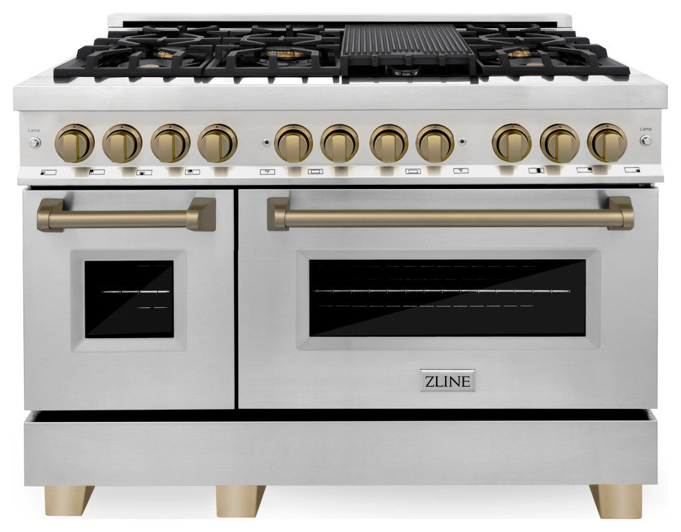 ZLINE 48" Dual Fuel Range, Stainless Steel With Champagne Bronze RAZ-48-CB
