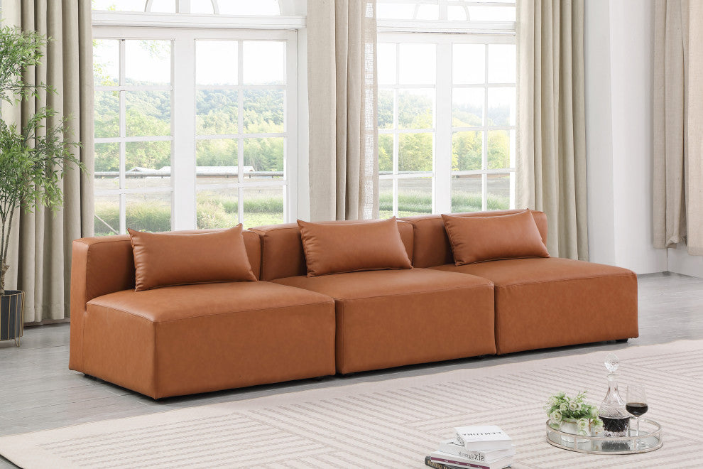 Cube Upholstered Modular Sofa, Cognac, 3-Piece: 3 Armless Chair, Vegan Leather