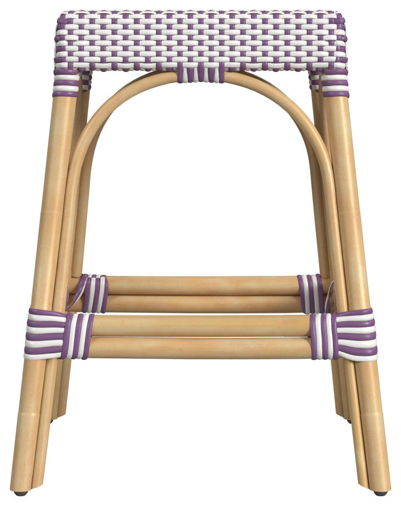 Robias Rectangular Rattan 24.5" Counter Stool, White and Purple