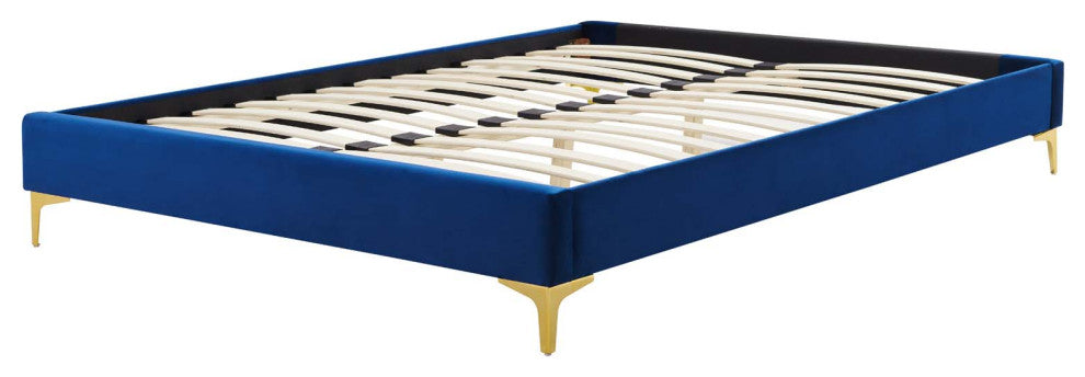 Platform Bed Frame, Full Size, Velvet, Blue Navy, Modern Contemporary, Bedroom