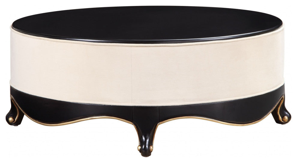 47" X 47" X 19" Cream Fabric Black Wood Upholstered, Base Cocktail Table