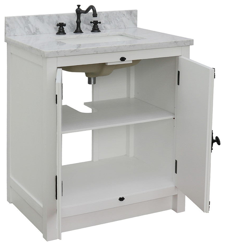30" Single Vanity, Glacier Ash, White Carrara Top, Rectangle Sink