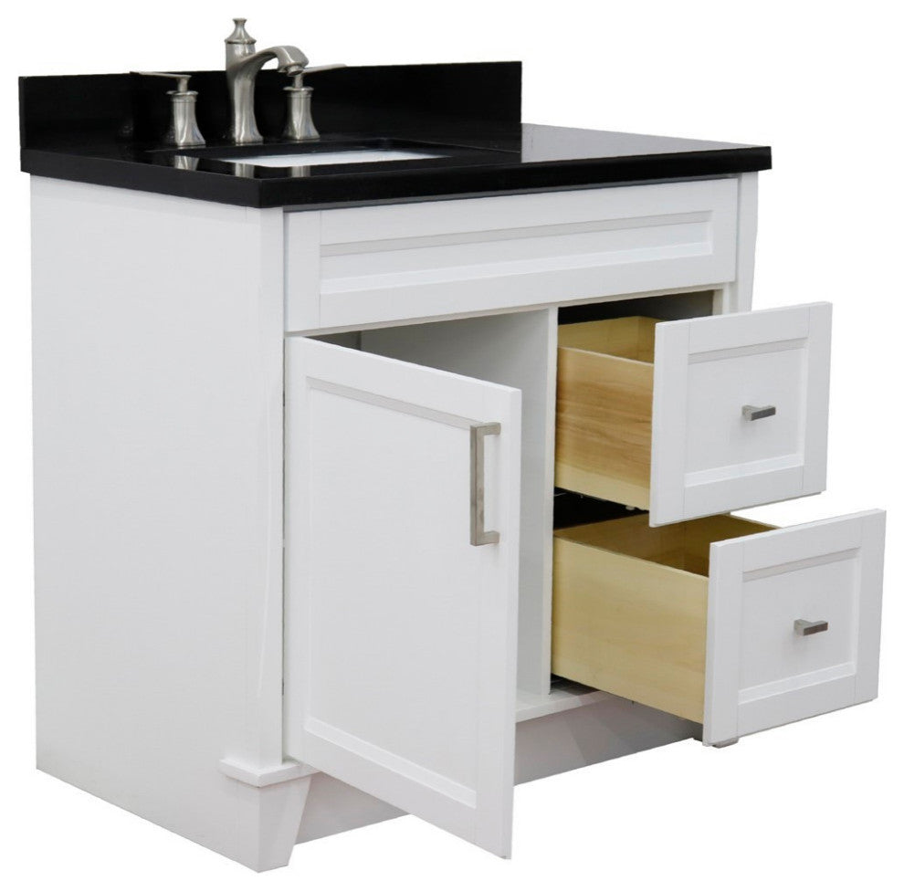 37" Single Sink Vanity, White Finish With Black Galaxy Granite