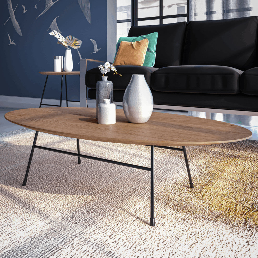 LeisureMod Rossmore Oval Coffee Table with Black Steel Frame, Walnut