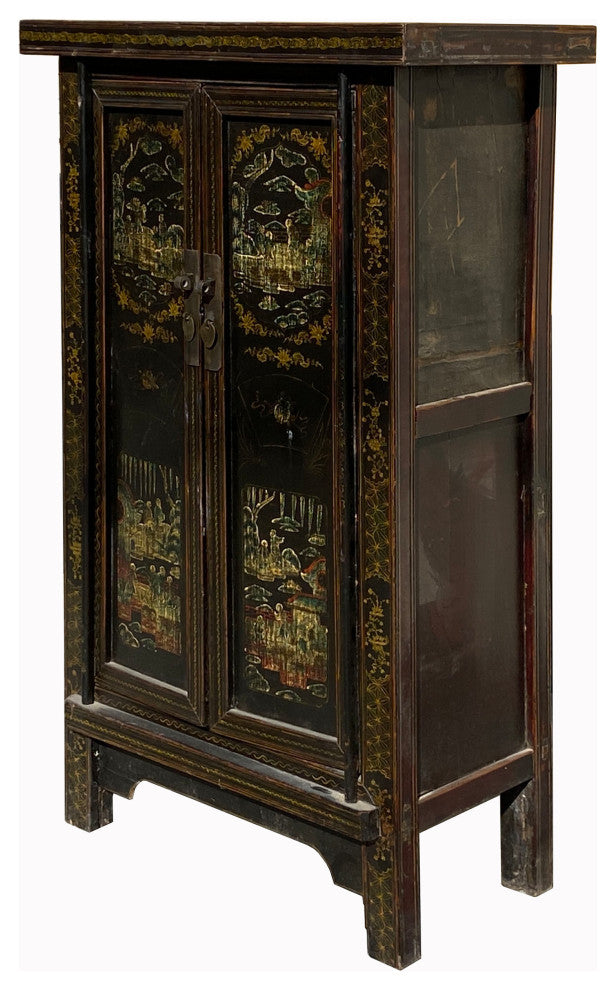 Chinese Vintage Distressed Color Scenery Graphic Dresser Cabinet Hcs7140