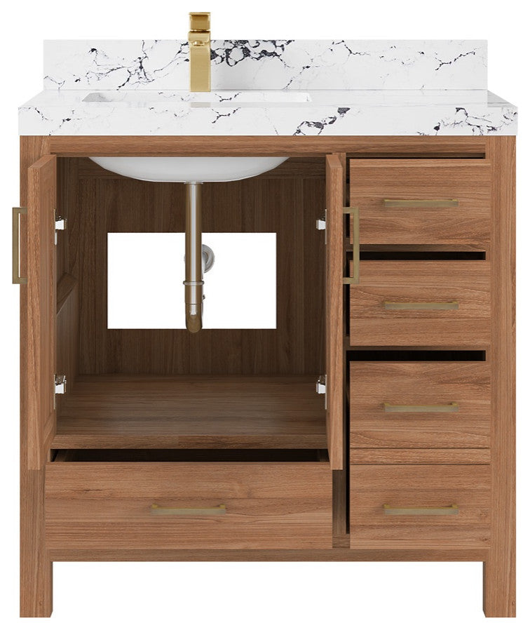 Malibu Teak 36" Left Offset Bath Vanity in Dark Natural  2" Viola Night
