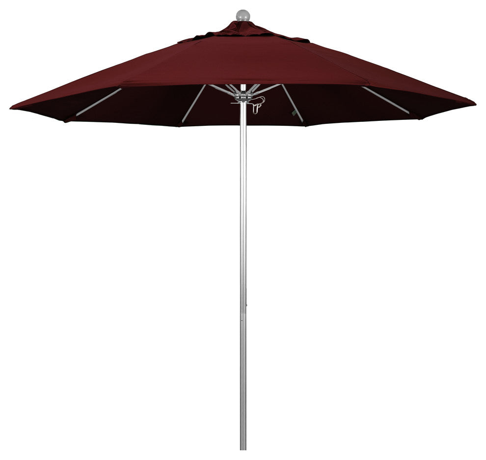 9'' Silver Anodized Push Lift Fiberglass Rib Aluminum Umbrella, Pacifica, Burgund