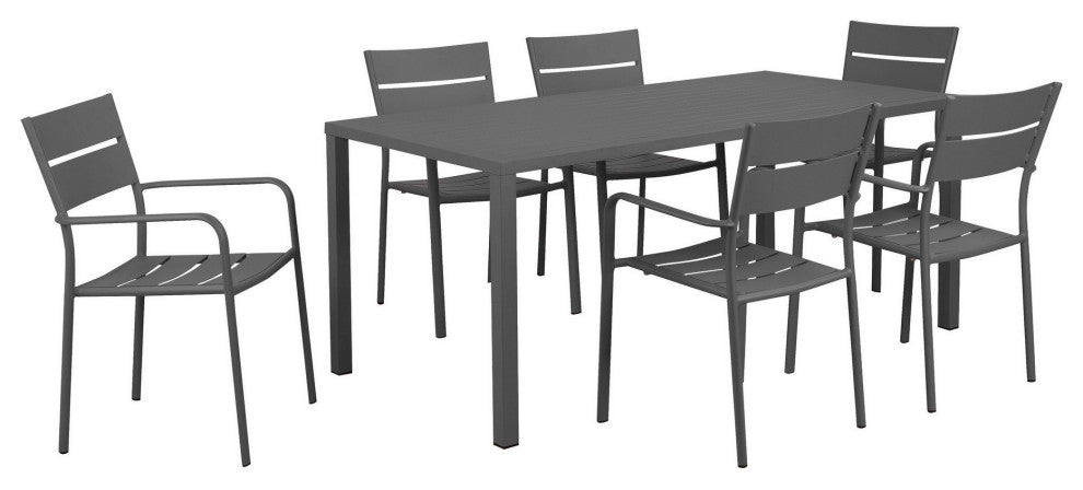 Benzara BM287804 Outdoor Dining Table, Chairs Set, Gray, Plank Seats and Backs