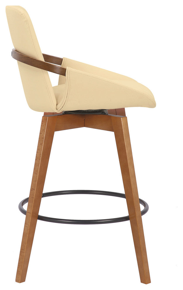 Baylor Swivel Wood Stool, Faux Leather, Cream/Walnut, 26" Counter Height