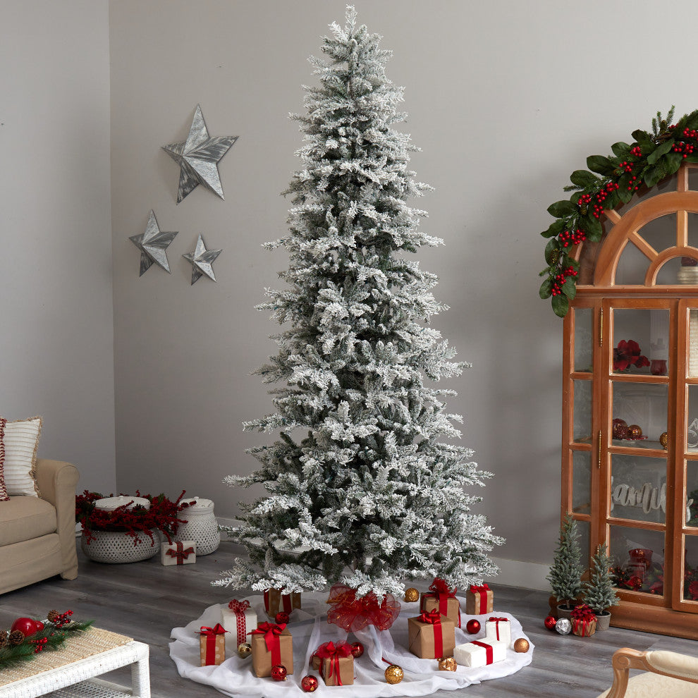 9.5' Slim Flocked Nova Scotia Spruce Faux Xmas Tree W/Lights & Bendable Branches