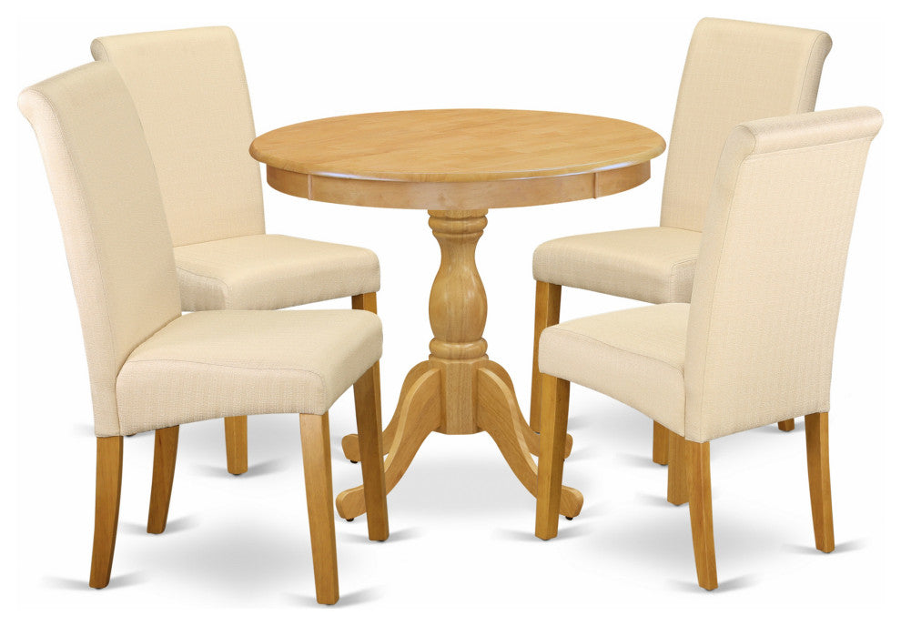 5 Pc Kitchen Set, Oak Round Table, 4 Light Beige Upholstered Chairs, Oak Finish