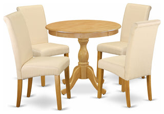5 Pc Kitchen Set, Oak Round Table, 4 Light Beige Upholstered Chairs, Oak Finish