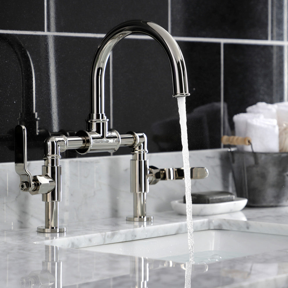 Industrial Style Bridge Bathroom Faucet With Pop-Up Drain, Polished Nickel