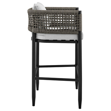 Felicia Patio Stool, Metal With Gray Rope and Cushions, Black, Counter Height