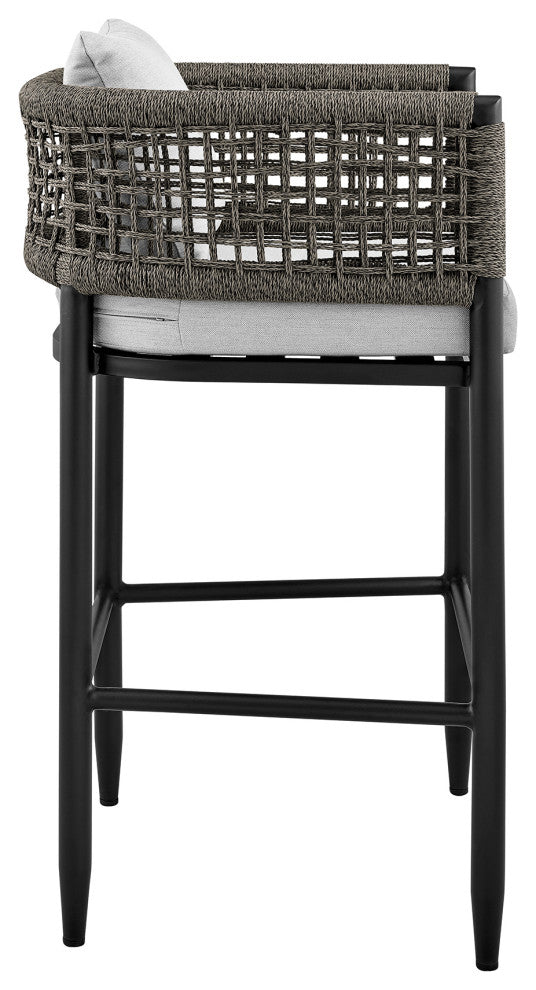 Felicia Patio Stool, Metal With Gray Rope and Cushions, Black, Counter Height