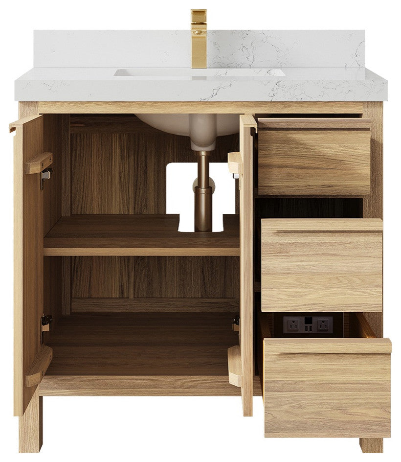 Elizabeth Oak 36" Center Sink Vanity, White 2" Empira Quartz