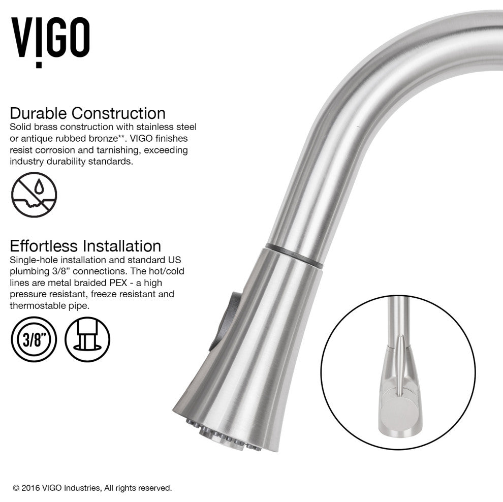 VIGO Aylesbury 16" H Single Handle Pull-Down Sprayer Kitchen Faucet, Stainless Steel, With Soap Dispenser